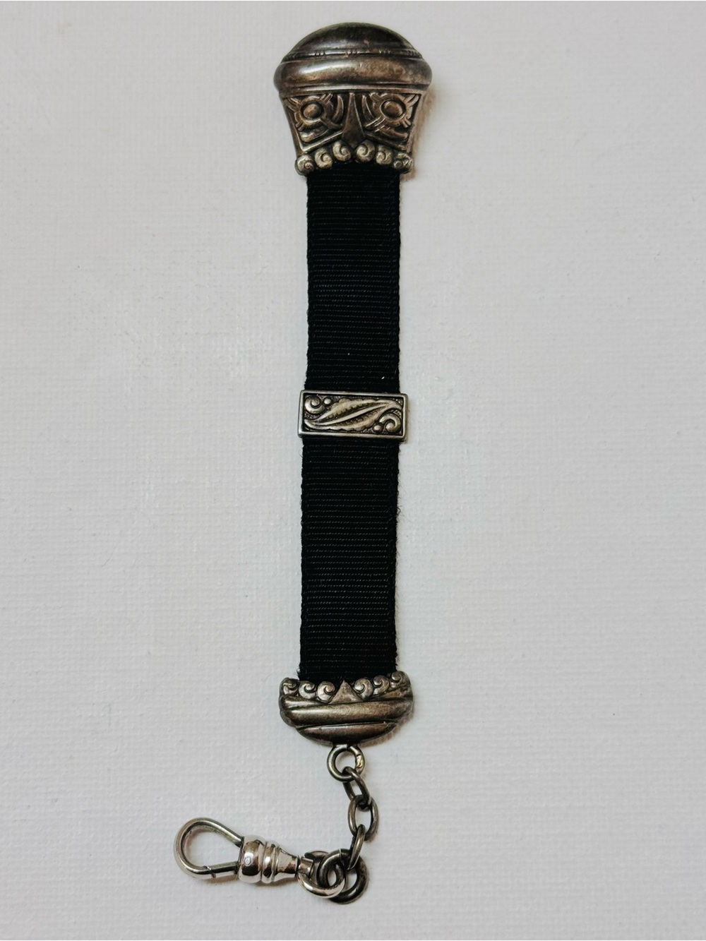 Antique Chatelaine Black Ribbon And 800 Silver Watch Fob Art Nouveau